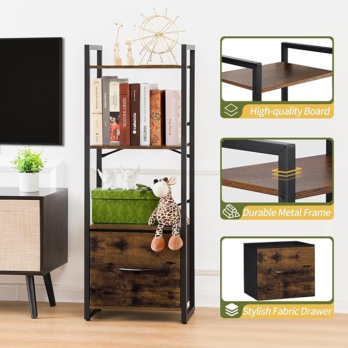 Yoobure Bookshelf, 4 Tier Book Shelf with Drawer, Small Bookcase Narrow Book Case, Industrial Bookshelves Shelf for Bedroom Living Room Office, Book Storage Organizer for CD/Movie Rustic Brown - LeafyLoom