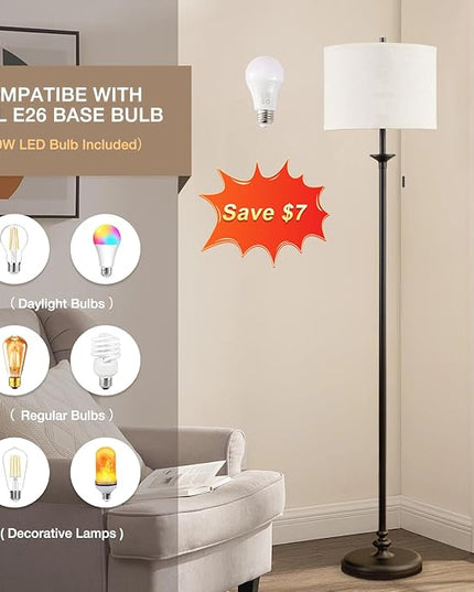 Luvkczc Modern Floor Lamp, 60" Standing Lamp for Living Room with Fabric Lamp Shade&Pull Chain, Corner Tall Reading Light for Bedroom, Office, Dining Room, Farmhouse (bulb included) Black - LeafyLoom