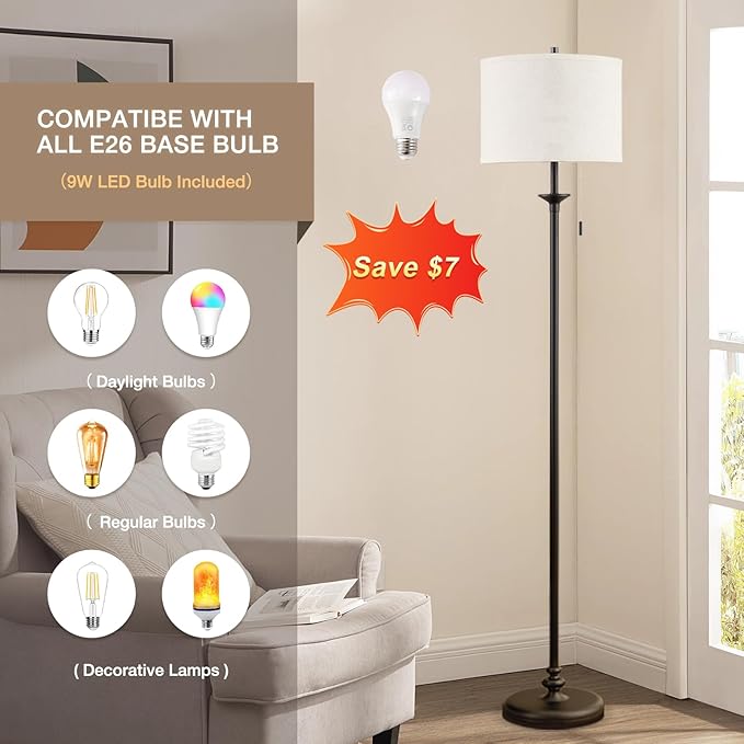 Luvkczc Modern Floor Lamp, 60" Standing Lamp for Living Room with Fabric Lamp Shade&Pull Chain, Corner Tall Reading Light for Bedroom, Office, Dining Room, Farmhouse (bulb included) Black - LeafyLoom