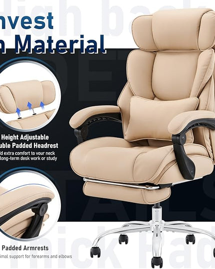 Office Chair with Footrest-Ergonomic Desk Chair with Adjustable Headrest and Lumbar Support Pillow, High Back Executive Computer Chair, Large Home Office Work Chair with Wide Seat for Comfort-Khaki - LeafyLoom