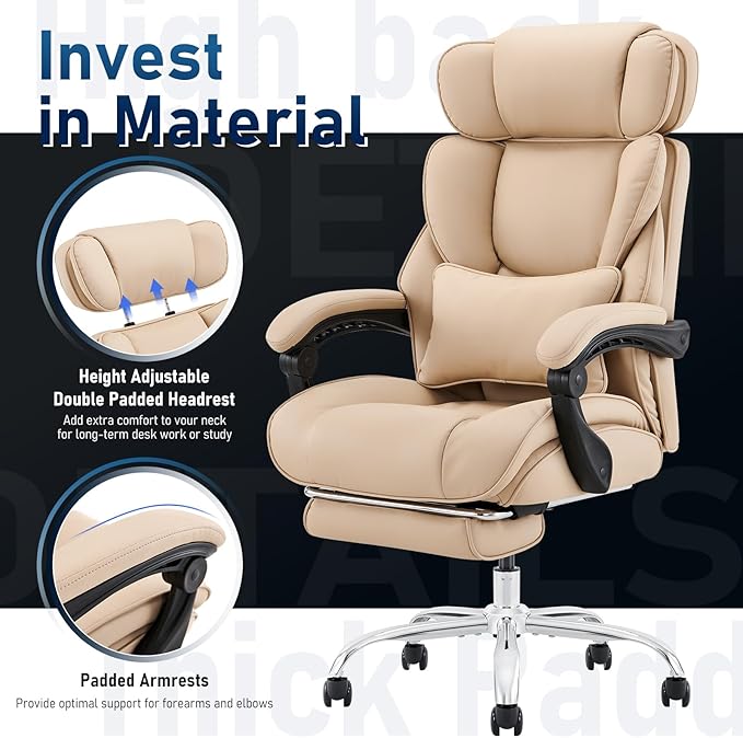 Office Chair with Footrest-Ergonomic Desk Chair with Adjustable Headrest and Lumbar Support Pillow, High Back Executive Computer Chair, Large Home Office Work Chair with Wide Seat for Comfort-Khaki - LeafyLoom