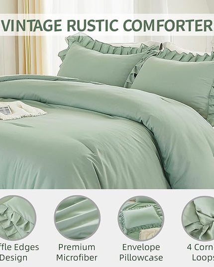 Andency Sage Green California King Comforter Set, 3 Pieces Farmhouse Shabby Chic Cal King Size Ruffle Bed Set, Oversized Soft Lightweight Microfiber Bedding Set - LeafyLoom