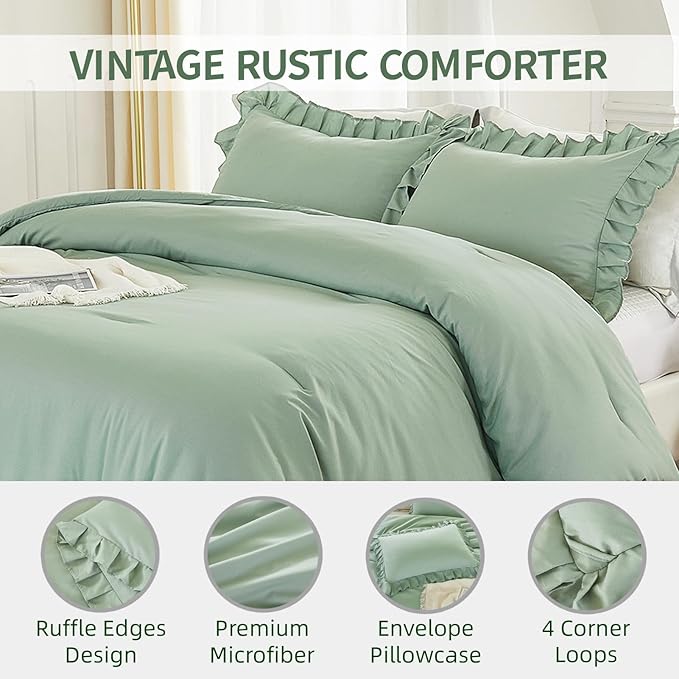 Andency Queen Size Comforter Set, Sage Green Ruffle Bedding Set, 3 Pieces Boho Comforter for Queen Bed, Farmhouse Ruffle Bed Comforter Set, Lightweight and Soft Bedding Comforter for All Seasons - LeafyLoom