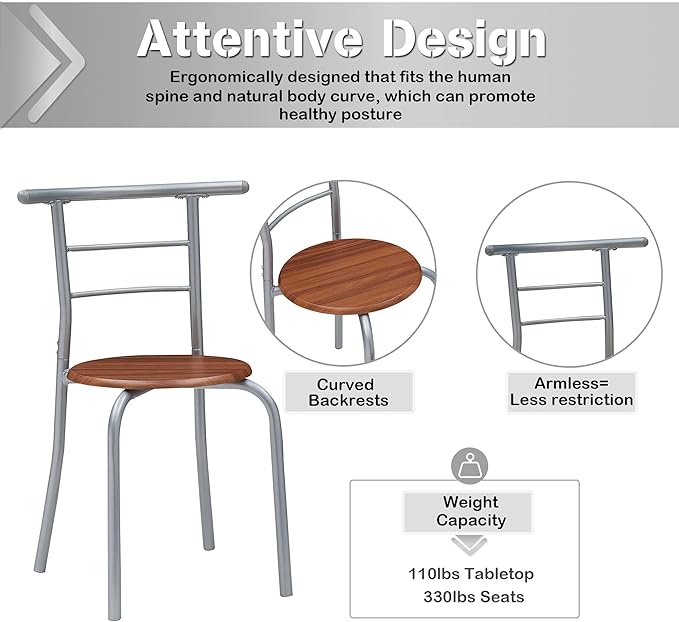 VECELO 3-Piece Dining Table Set for Kitchen Breakfast Nook, Wood Grain Oval Tabletop and Metal Frame with Built-in Wine Rack, for Small Spaces, 31.5", Brown & Silver - LeafyLoom