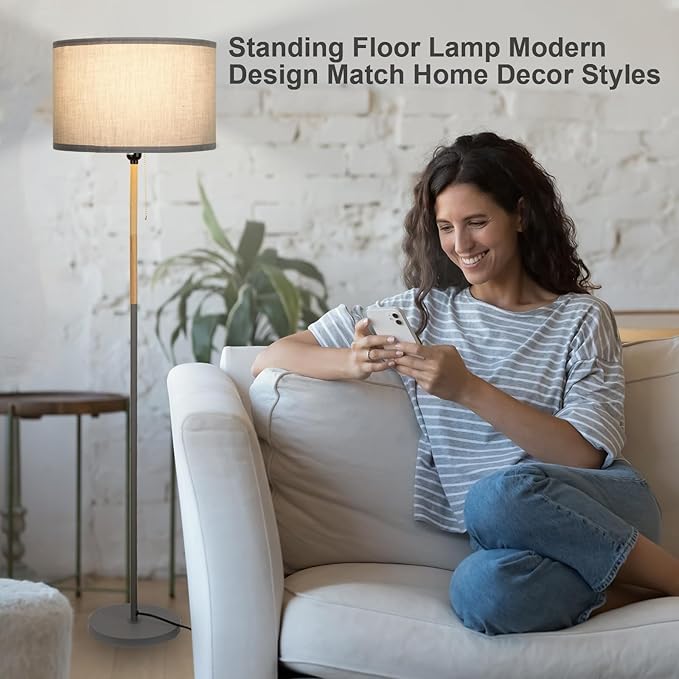 Modern Floor Lamp for Living Room Traditional Farmhouse Floor Lamps Mid-Century Pole Lamp with Linen Lamp Shade, Standing Tall Floor Lamps for Bedrooms and Office (Grey) - LeafyLoom