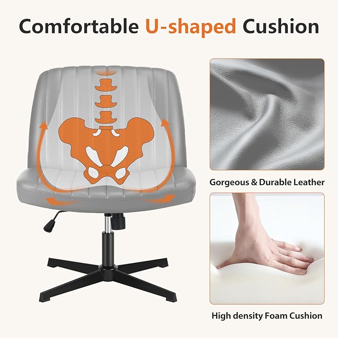 Sweetcrispy Office Chair No Wheels - Armless Desk Chair No Wheels Cross Legged Office Chair Wide Swivel Leather Home Office Desk Chairs - LeafyLoom