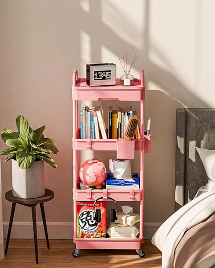 4 Tier Small Rolling Cart Organizer,Art Craft Diaper Bedside Snack Cart Laundry Room Bathroom Organizer Narrow Thin Slim Rolling Trolley Utility Cart with Wheels for Kitchen,Office(Pink) - LeafyLoom