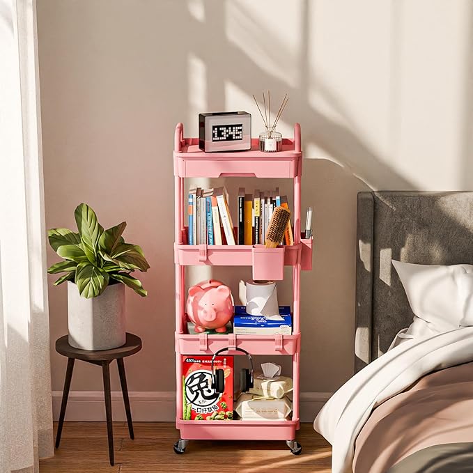 4 Tier Small Rolling Cart Organizer,Art Craft Diaper Bedside Snack Cart Laundry Room Bathroom Organizer Narrow Thin Slim Rolling Trolley Utility Cart with Wheels for Kitchen,Office(Pink) - LeafyLoom