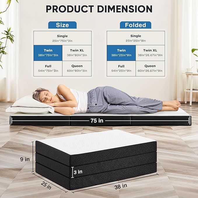 OLIXIS Tri-fold Memory Foam Mattress - 3 Inch Twin Size Portable Floor Bed, Foldable Mat for Kids and Adults, Collapsible and Washable Cover with CertiPUR-US Certified, for Travel & Camping & Yoga - LeafyLoom