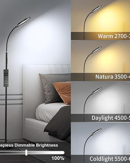 Airand LED Floor Lamp, 12W/1000lm Gooseneck Floor Standing Reading Light with Stepless Adjustable 3000K-6000K Colors and Timer, Remote and Touch Control, Sofa Standing lamp for Room, Bedroom, Office - LeafyLoom