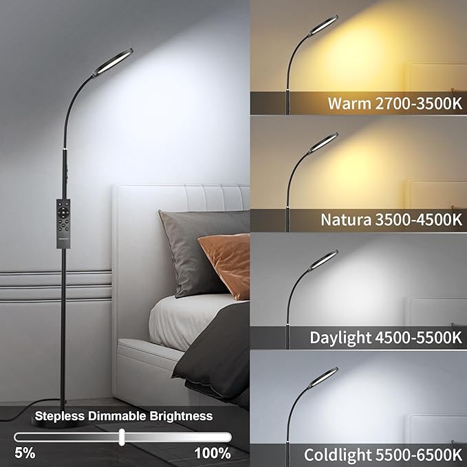 Airand LED Floor Lamp, 12W/1000lm Gooseneck Floor Standing Reading Light with Stepless Adjustable 3000K-6000K Colors and Timer, Remote and Touch Control, Sofa Standing lamp for Room, Bedroom, Office - LeafyLoom