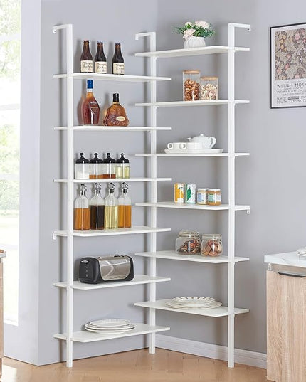 HOMISSUE Corner Bookshelf,12-Tier L Shaped Bookshelf, Double Wide Corner Wall Mount Bookcase with Metal Frame and Wood,Modern Industrial Corner Shelf for Living Room, Kitchen, Home Office White - LeafyLoom