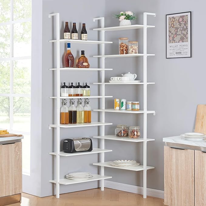 HOMISSUE Corner Bookshelf,12-Tier L Shaped Bookshelf, Double Wide Corner Wall Mount Bookcase with Metal Frame and Wood,Modern Industrial Corner Shelf for Living Room, Kitchen, Home Office White - LeafyLoom