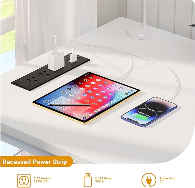 47 Inch Computer Desks with Power Outlets and USB Charging Ports, Modern Office Desk for Small Spaces, Sturdy Laptop PC Gaming Writing Table for Students, Pure White - LeafyLoom