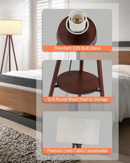 Wood Tripod Floor Lamp for Living Room,Linen Shade Mid Century Wooden Shelf Floor lamp for Bedroom,with Three Color temparature Bulb Included,ETL Listed/Dark Brown Wood Color - LeafyLoom