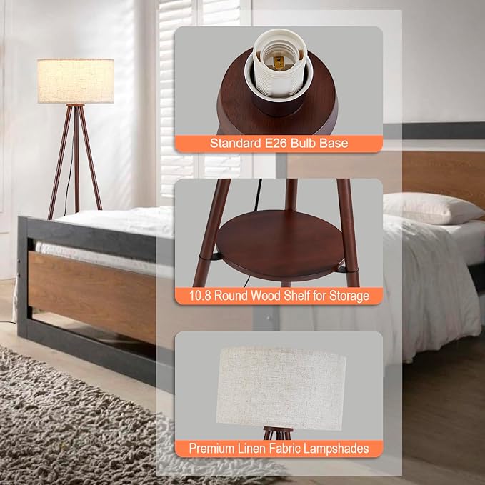 Wood Tripod Floor Lamp for Living Room,Linen Shade Mid Century Wooden Shelf Floor lamp for Bedroom,with Three Color temparature Bulb Included,ETL Listed/Dark Brown Wood Color - LeafyLoom