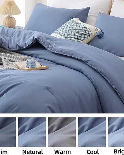ROSGONIA Queen Comforter Set Slate Blue, 3pcs Queen Size Comforter(1 Boho Blue Comforter & 2 Pillowcases) All Season Lightweight Bedding Blanket Quilt - LeafyLoom