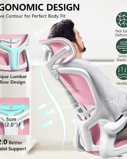 FelixKing Premium Ergonomic Office Chair with Adjustable Headrest, Thickened 90° Flip Armrests, and Lumbar Support – Height Adjustable | Ideal for Home Office Desks and Workstations | Pink - LeafyLoom