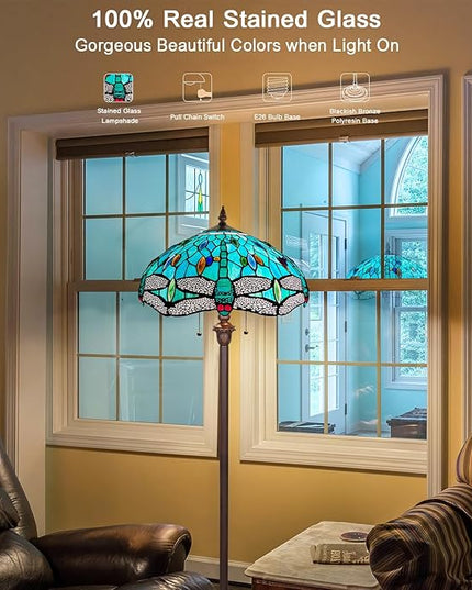 Capulina Tiffany Floor Lamp Sea Grass Dragonfly Style Stained Glass Standing Light Industrial Dark Bronze Pole for Living Room Bedroom Home Office - LeafyLoom
