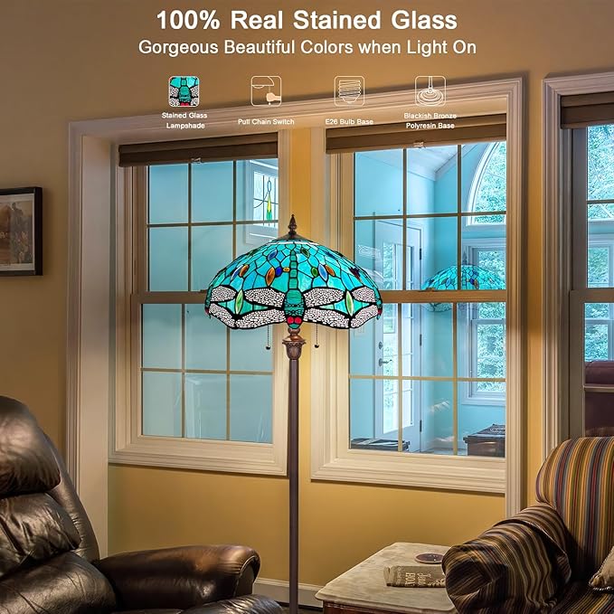 Capulina Tiffany Floor Lamp Sea Grass Dragonfly Style Stained Glass Standing Light Industrial Dark Bronze Pole for Living Room Bedroom Home Office - LeafyLoom