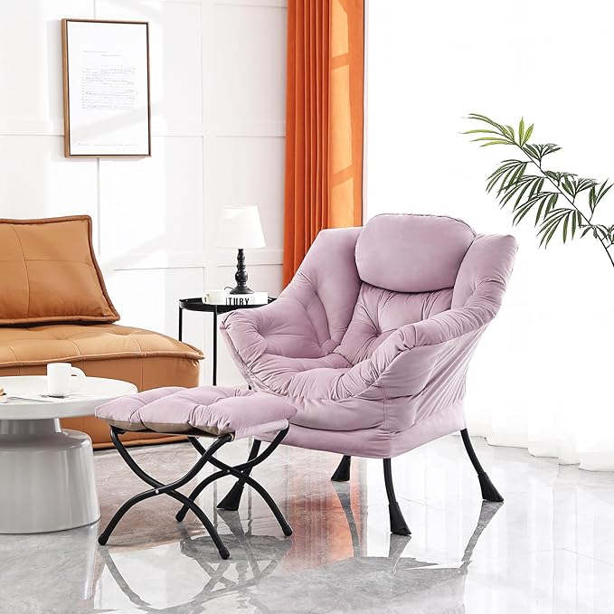 Lazy Chair with Ottoman, Modern Chair with Folding Footrest, Lounge Accent Chair, Comfortable Reading Chair (Light Purple) - LeafyLoom
