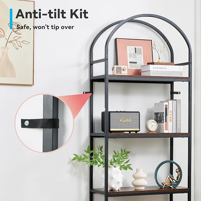 BRIAN & DANY Bookshelf, 4 Tier Tall Black Bookcase Metal Book Shelf, Larger Compartments Arched Display Shelves Open Storage Rack Shelving for Home Office, Bedroom, Living Room, Study, Antique - LeafyLoom