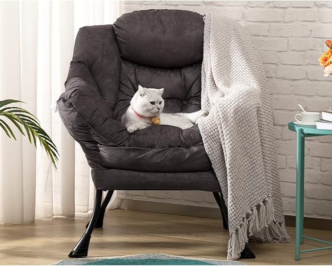 HollyHOME Modern Fabric Large Lazy Chair, Accent Oversized Comfy Reading Chair, Thick Padded Cozy Lounge Chair with Armrest, Steel Frame Leisure Sofa Chair for Living Room, Bedroom, Dorm, Coffee Grey - LeafyLoom