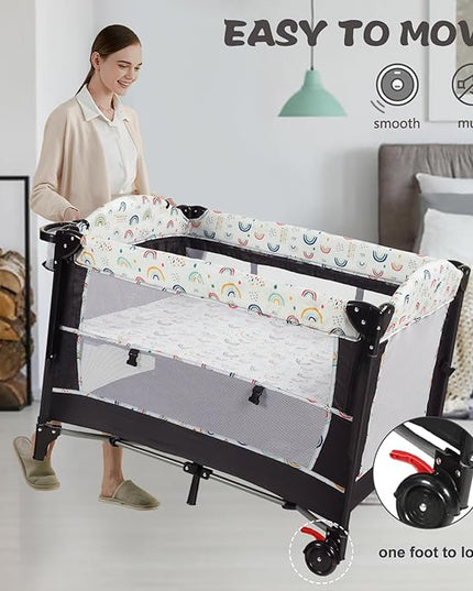 Kinder King 4 in 1 Portable Nursery Center, Foldable Baby Bedside Crib w/Bassinet, Infant Pack n Play Playard Toddler Large Playpen, Newborn Changing Table, Storage Basket, Side Zipper,Multicolour - LeafyLoom