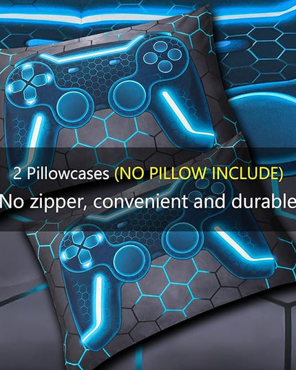 6Pcs Game Console Comforter Set with Sheets for Boys Girls Kids Teens, Geometric Gaming Themed Bed in A Bag Twin Size, Blue 3D Video Gamer Controller Bedroom Decor Bedding Set - LeafyLoom