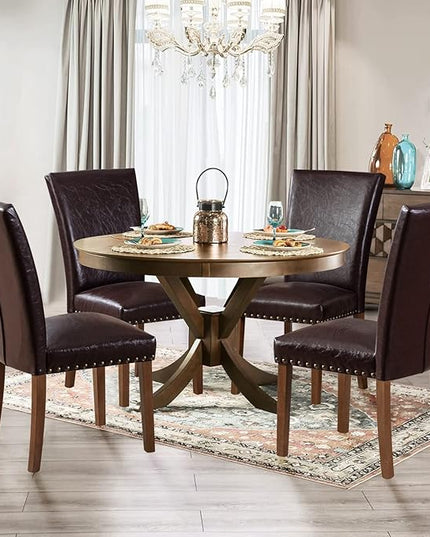 Parsons Dining Chairs Set of 4, Upholstered Nailhead PU Leather Dining Room Kitchen Side Chair with Thick Cushions and Wood Legs, Dark Brown - LeafyLoom