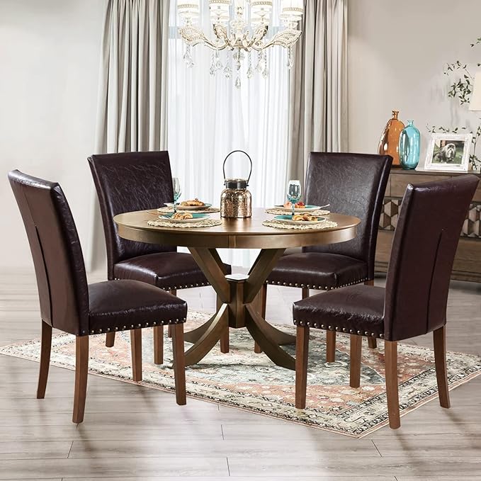 Parsons Dining Chairs Set of 4, Upholstered Nailhead PU Leather Dining Room Kitchen Side Chair with Thick Cushions and Wood Legs, Dark Brown - LeafyLoom