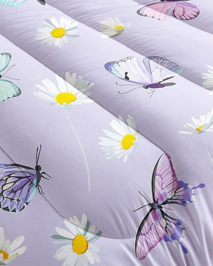 Butterfly Comforter Set for Kids Teens Girls Women,Daisy Kids Comforter,1 Comforter with 2 Pillowcase, Microfiber 3 Piece Bedding Set,for All Seasons(Purple，Twin Size) - LeafyLoom