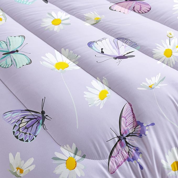Butterfly Comforter Set for Kids Teens Girls Women,Daisy Kids Comforter,1 Comforter with 2 Pillowcase, Microfiber 3 Piece Bedding Set,for All Seasons(Purple，Twin Size) - LeafyLoom