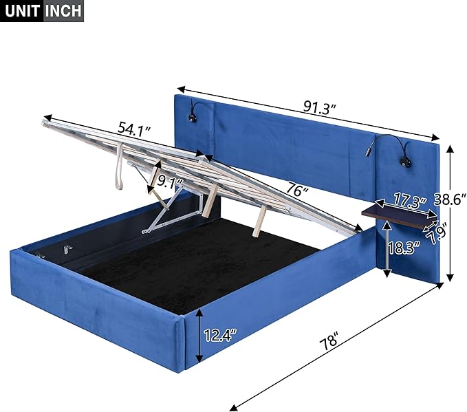 Full Size Storage Upholstered Hydraulic Platform 2 Shelves and Two Lights,Modern Velvet Fabric Bed Frame,W/USB Ports,No Box Spring Required,for Bedroom, Apartment,Blue - LeafyLoom