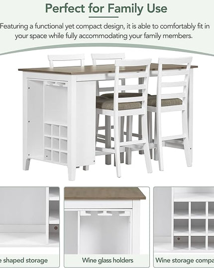 NicBex Small Kitchen Table Set for 4 Bar Table and Chairs Set 5-Piece Multi-Functional Rubber Wood Counter Height Dining Set with Padded Chairs for Dining Room, Brown+Whitewash - LeafyLoom