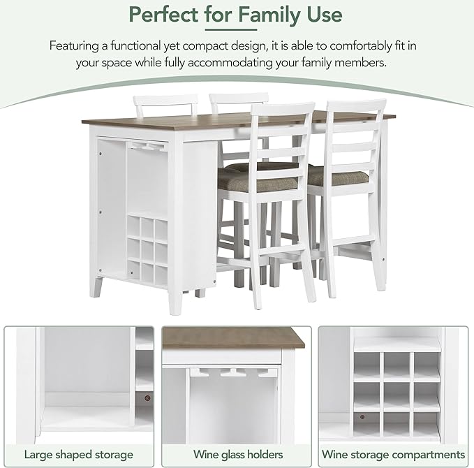 5-Piece Wooden Counter Height Dining Set, Multi-Functional Rubber Wood Table with Padded Chairs and Integrated 9 Bar Wine Compartment, Wineglass Holders for Home, Brown + White Wash - LeafyLoom