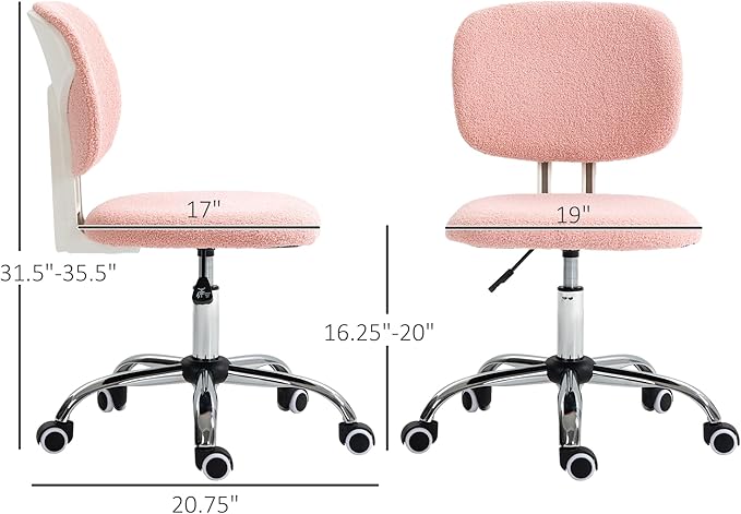 Vinsetto Cute Armless Office Chair, Teddy Fleece Fabric Computer Desk Chair, Vanity Task Chair with Adjustable Height, Swivel Wheels, Mid Back, Pink - LeafyLoom