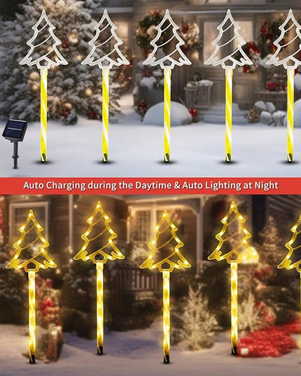 Solar Christmas Pathway Lights Outdoor Decorations, 8 Modes Xmas Tree Candy Lights Waterproof Led Garden Stake Lights for Walkway Yard Lawn Porch Holiday Decor 5-Pack (Warm White Xmas Tree Lights) BRIGHTDECK