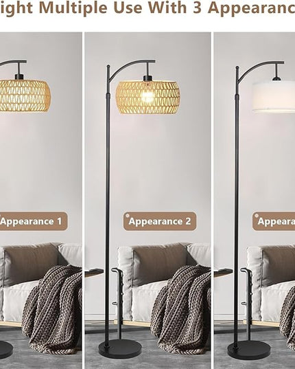 Arc Floor Lamps for Living Room Rattan Boho Floor Lamp with Remote Control,Dimmable LED Floor Lamp Wicker Lamp Shades Black Standing Lamp with 3 Color Temperature Tall Floor Lamp For Bedroom Corner - LeafyLoom