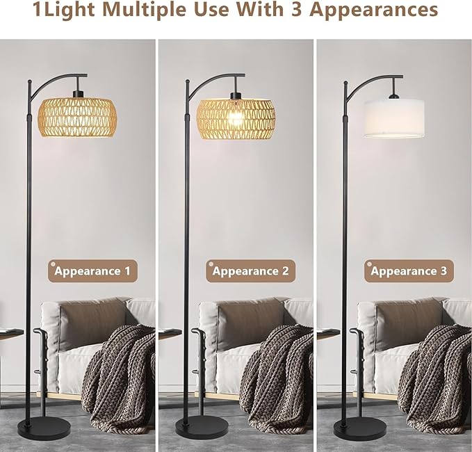 Arc Floor Lamps for Living Room Rattan Boho Floor Lamp with Remote Control,Dimmable LED Floor Lamp Wicker Lamp Shades Black Standing Lamp with 3 Color Temperature Tall Floor Lamp For Bedroom Corner - LeafyLoom
