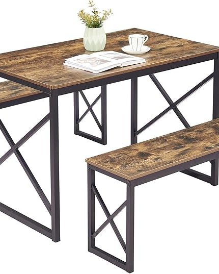 VECELO Kitchen Table with 2 Benches for 4, 43.3'' Wood Dining Room Dinette Sets with X Metal Frame for Breakfast Nook and Small Space, Brown - LeafyLoom