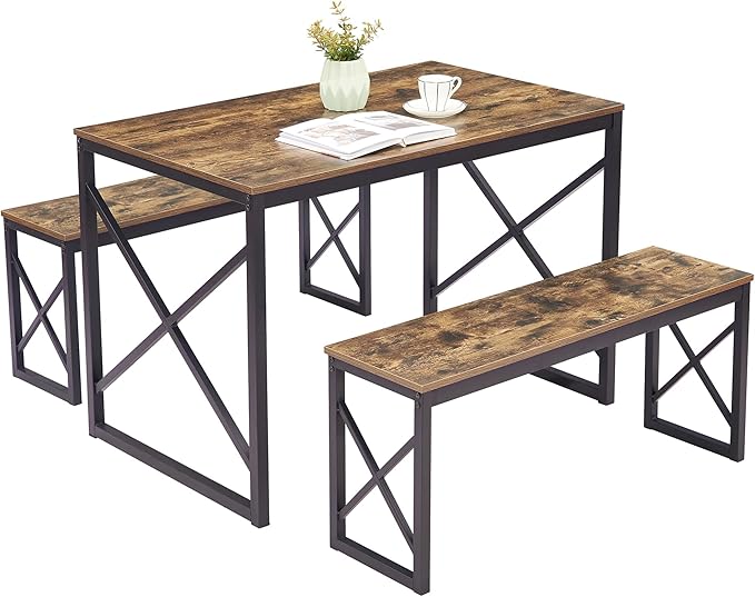 VECELO Kitchen Table with 2 Benches for 4, 43.3'' Wood Dining Room Dinette Sets with X Metal Frame for Breakfast Nook and Small Space, Brown - LeafyLoom