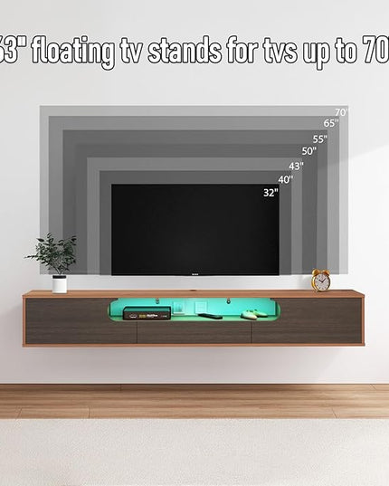 Pmnianhua Floating TV Stand with LED Lights,63'' Wall Mounted TV Cabinet Floating under TV Shelf Media Console Entertainment Center with Storage Living Room Playroom Bedroom(walnut) - LeafyLoom