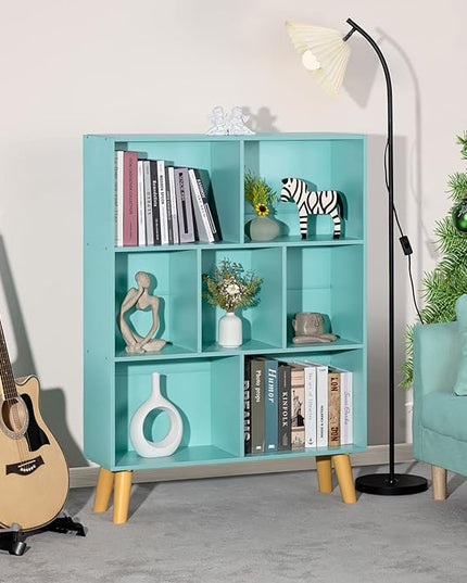 LEYAOYAO 7 Cube Bookshelf 3-Tier Bookcase with Legs, Mint-Green Kids Book Shelf Cute Storage Organizer, Toy Shelves Bookshelves,Wood Display Bookcases - LeafyLoom