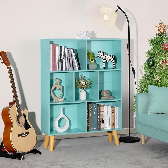 LEYAOYAO 7 Cube Bookshelf 3-Tier Bookcase with Legs, Mint-Green Kids Book Shelf Cute Storage Organizer, Toy Shelves Bookshelves,Wood Display Bookcases - LeafyLoom