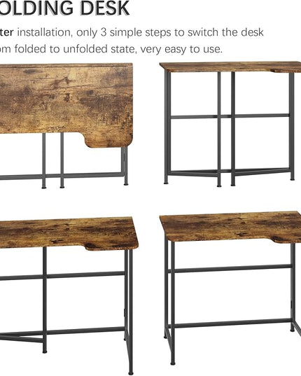 4NM 35.4" Small L Shaped Desk, Folding Computer Desk Home Office Desk, Foldable Bed Desk for Laptop for Small Space Offices - Rustic Brown and Black - LeafyLoom