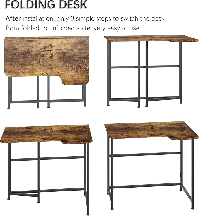 4NM 35.4" Small L Shaped Desk, Folding Computer Desk Home Office Desk, Foldable Bed Desk for Laptop for Small Space Offices - Rustic Brown and Black - LeafyLoom