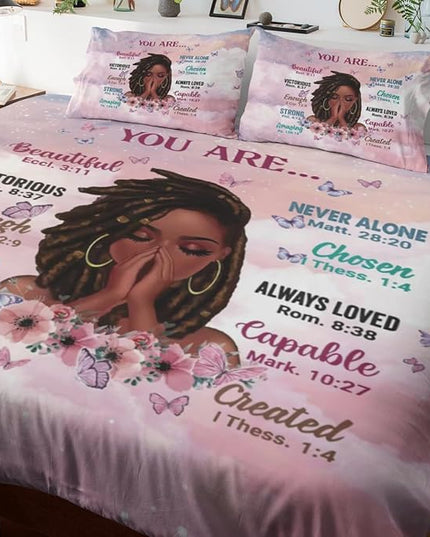 Kids Comforter Sets Queen Size, Prayer Girl and African American Girl Inspirational Quotes with Floral Butterfly, Teens Bedding Sets for Girls Women (Queen, Pink White) - LeafyLoom