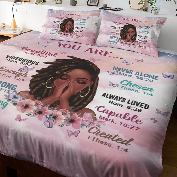 Kids Comforter Sets Queen Size, Prayer Girl and African American Girl Inspirational Quotes with Floral Butterfly, Teens Bedding Sets for Girls Women (Queen, Pink White) - LeafyLoom