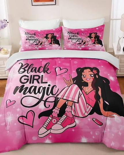 Black Girl Comforter Set Twin for Kids,Black Girl Magic Bedding Set,Cuet Black Princess Girl Comforter Black Queen Melanin Bedroom Bed Set - LeafyLoom